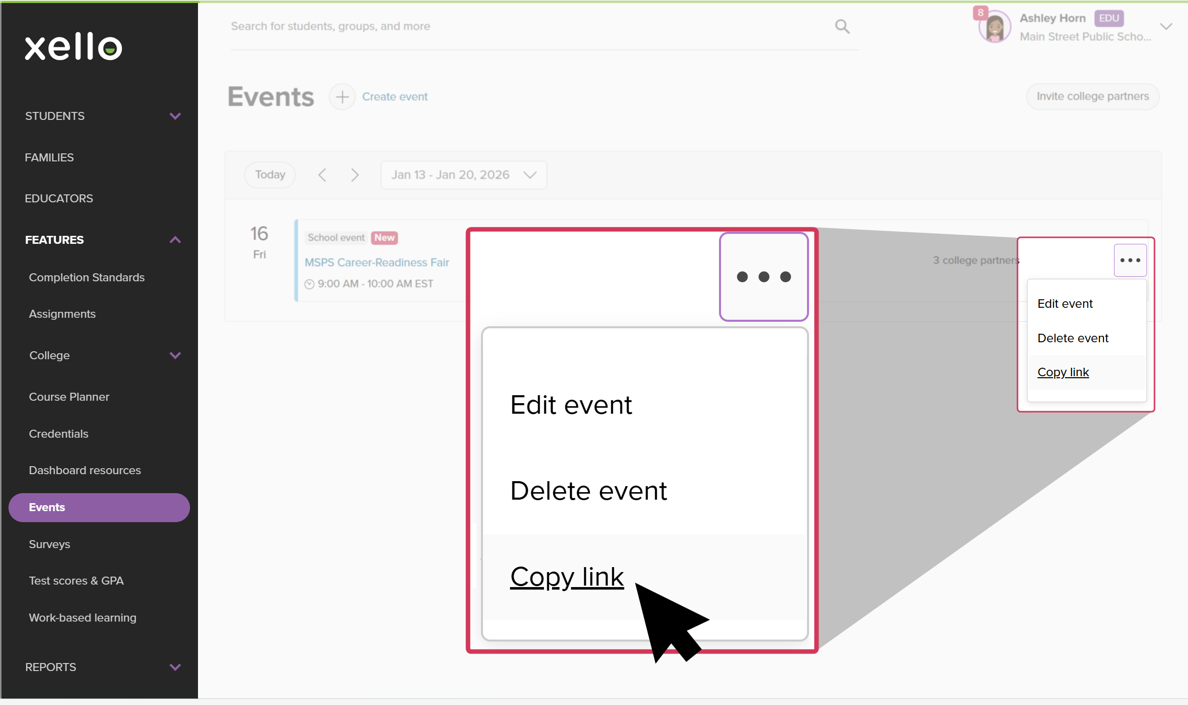 Educator account in Xello on the Events page. The cursor has clicked the three-dot menu next to an event and is selecting Copy link.